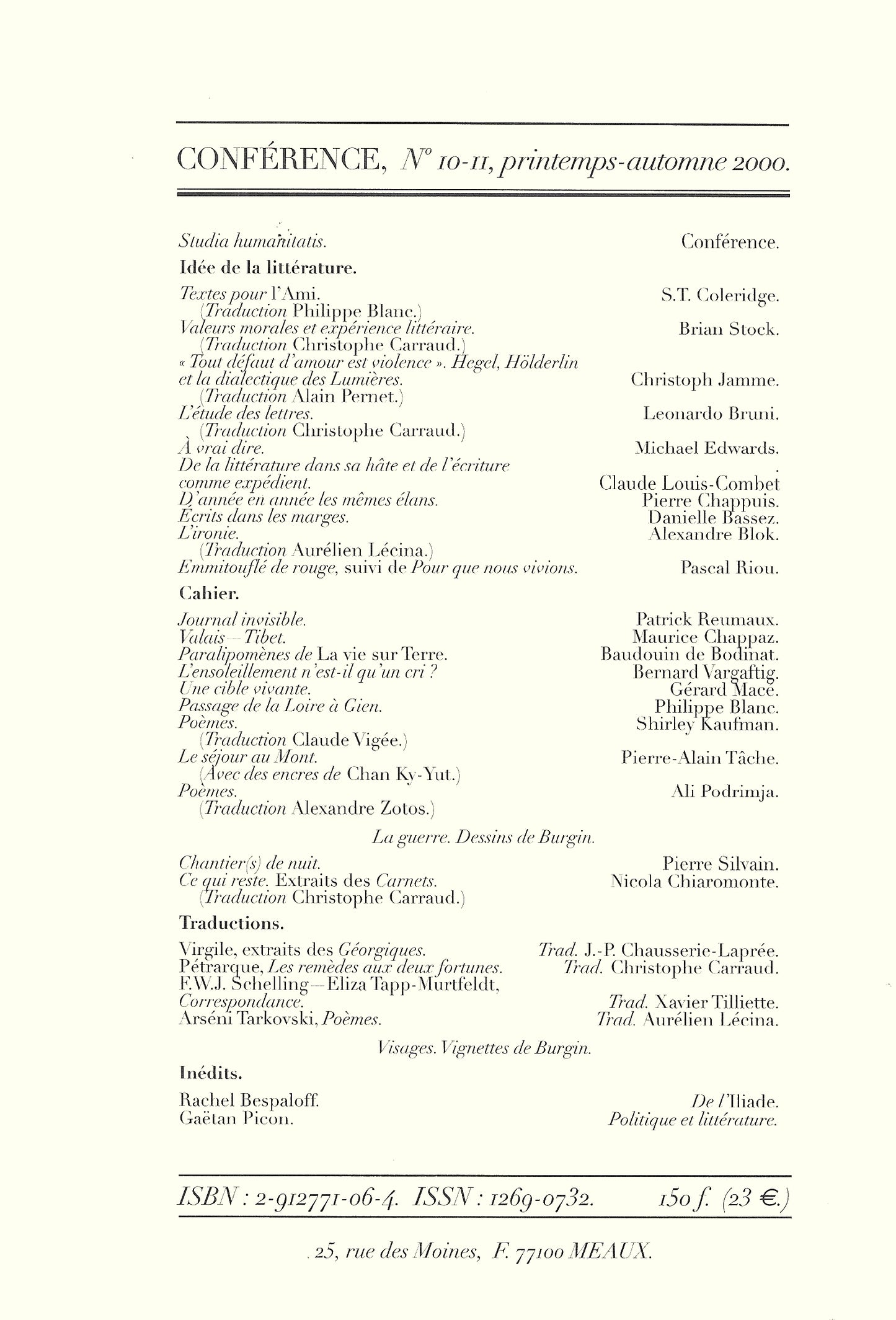 Conférence n°10-11, printemps-automne 2000
