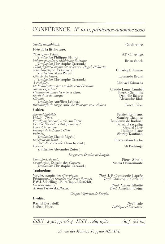 Conférence n°10-11, printemps-automne 2000