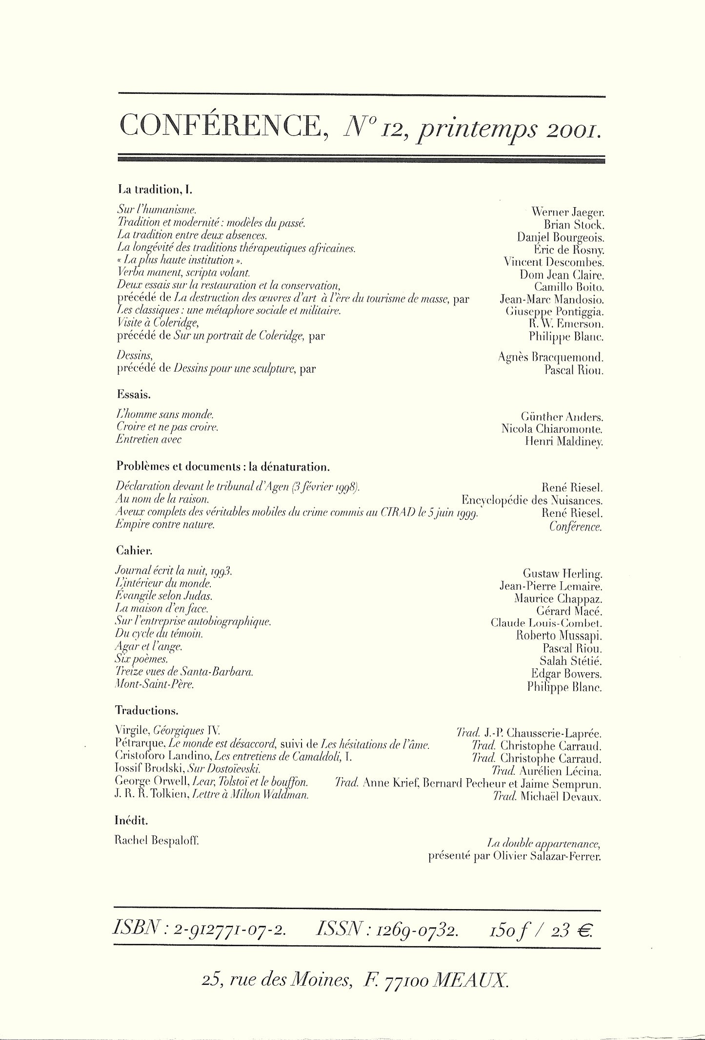 Conférence n°12, printemps 2001