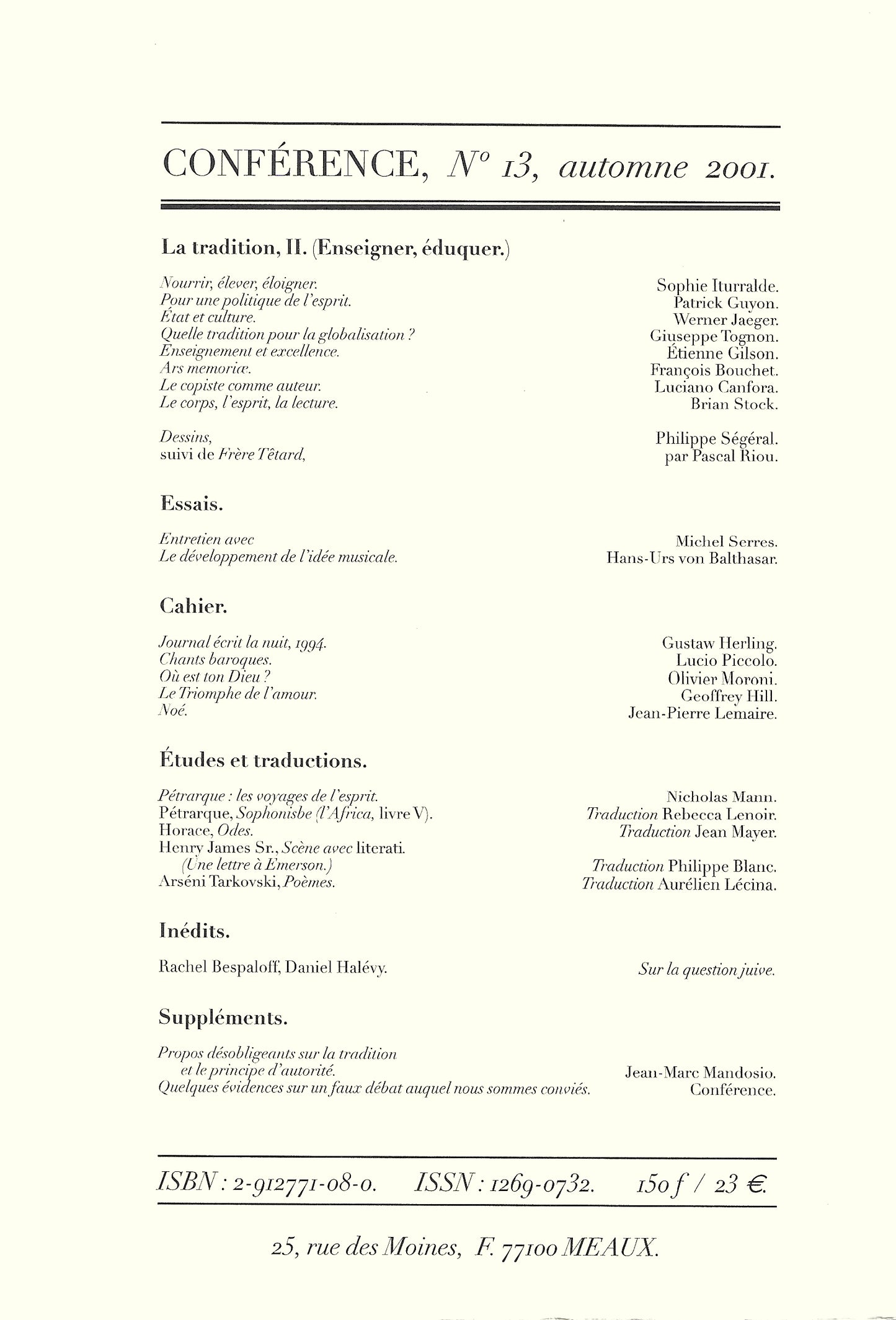Conférence n°13, automne 2001