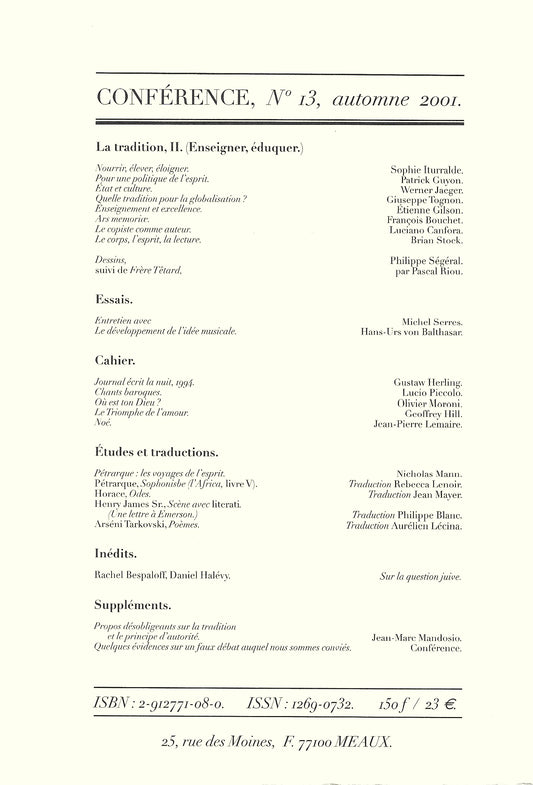 Conférence n°13, automne 2001