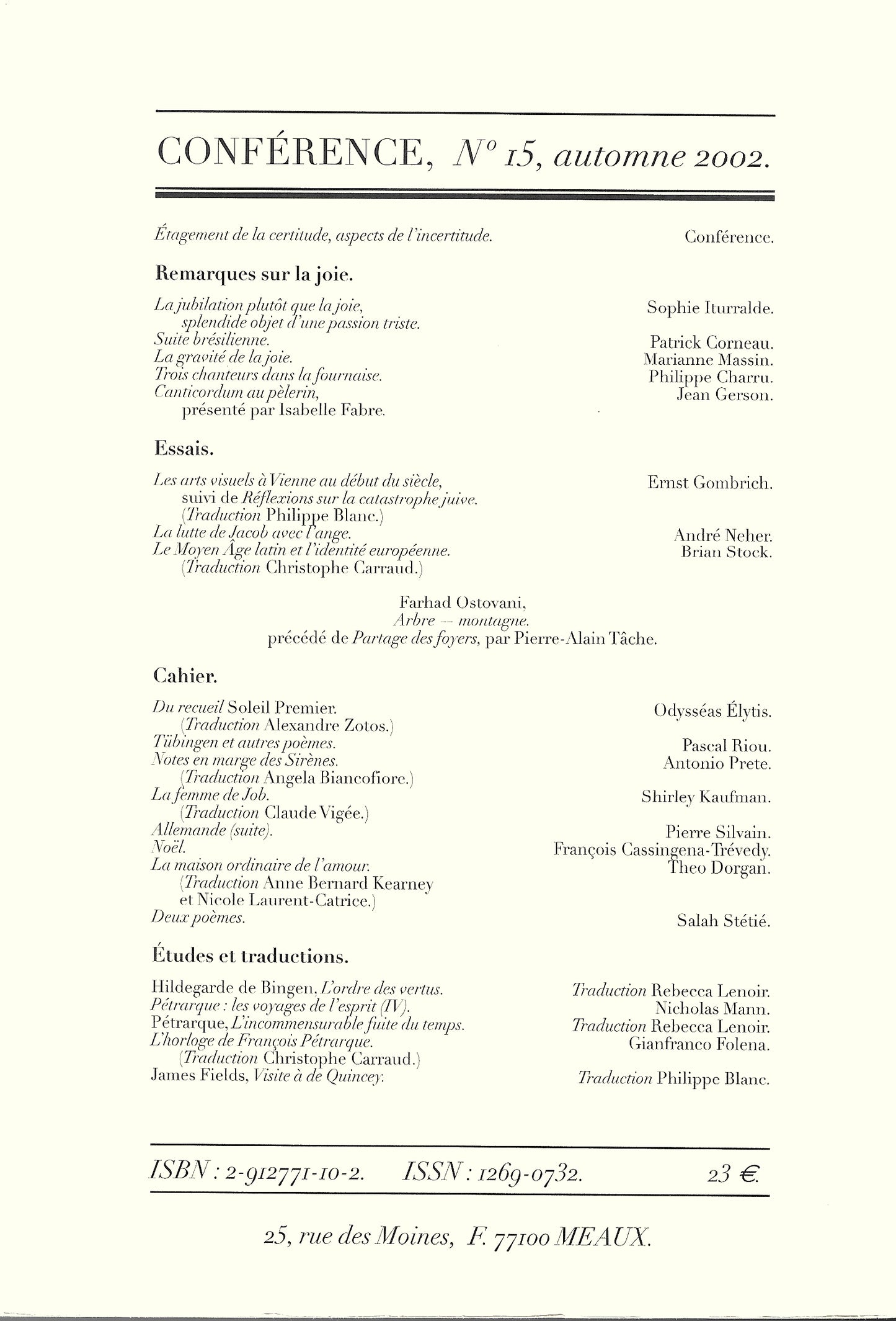 Conférence n°15, automne 2002