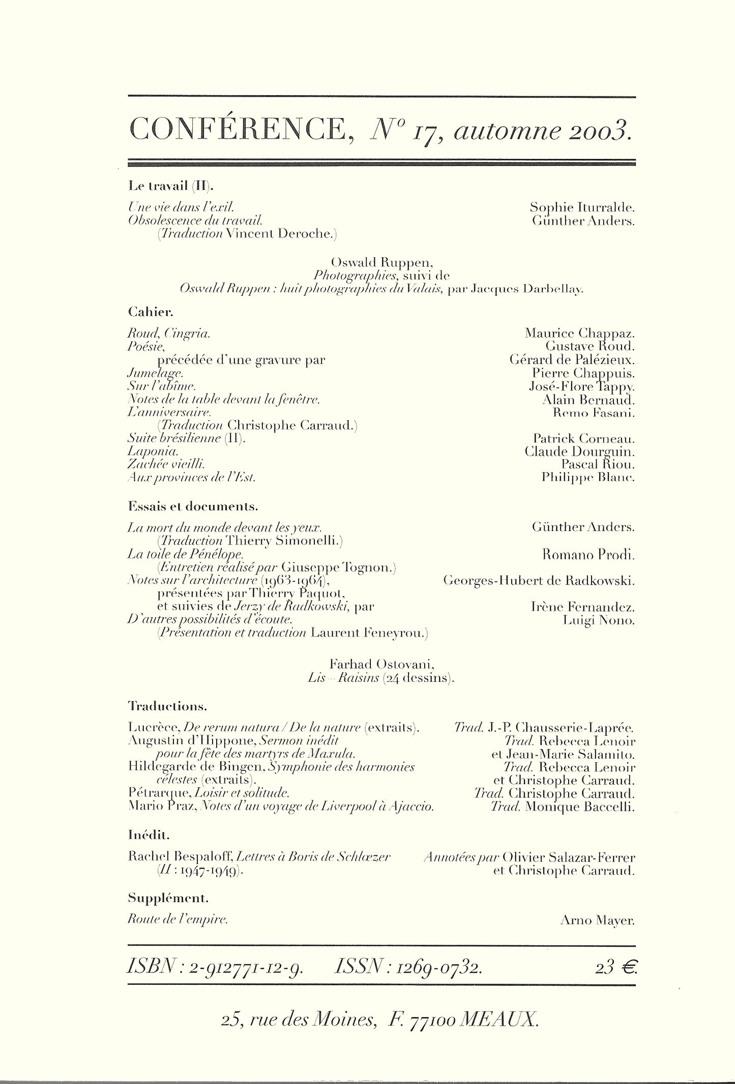 Conférence n°17, automne 2003
